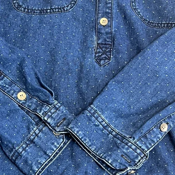 Madewell Men's Top Blue Denim Polka Dot Long Sleeve Half Button Size S Pocket - Picture 5 of 7